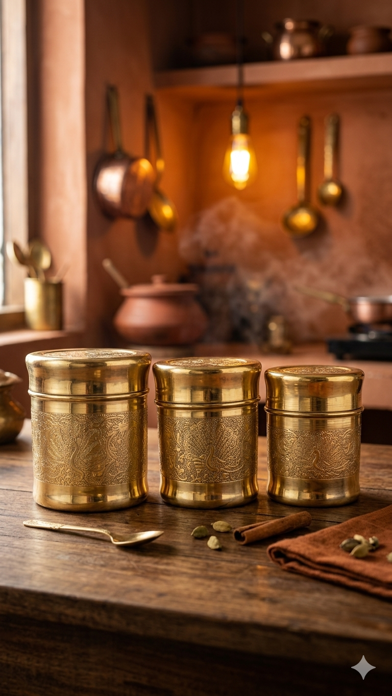 Brass Peacock Design Container Set of 3 – Traditional Storage Jars for Pooja & Kitchen