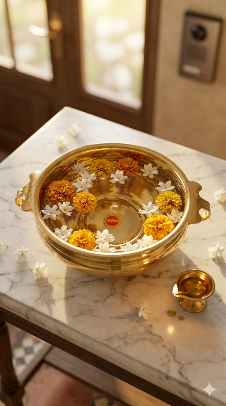 Premium Brass Decorative Urli Bowl with Handles for Water & Flower Decoration