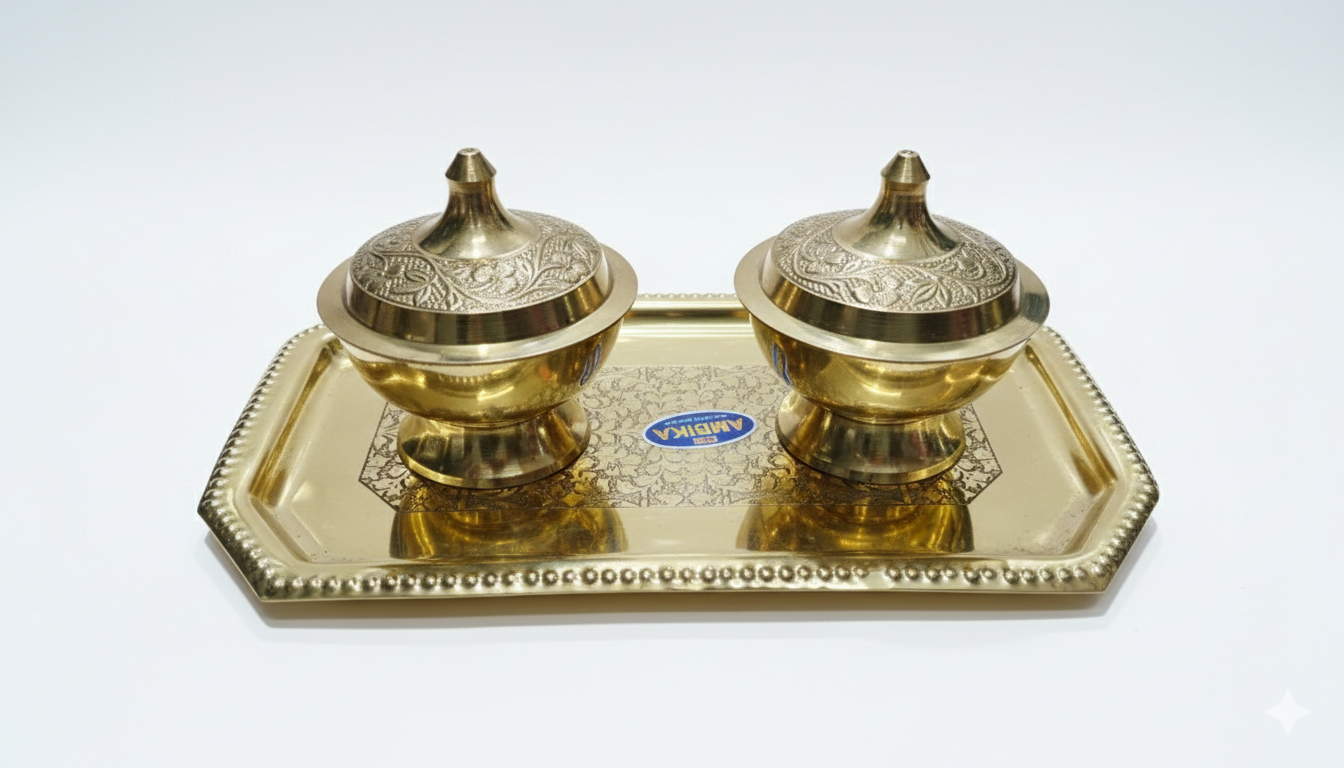 Brass Tray Set with Two Bowls with Lid