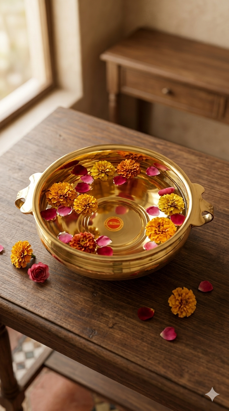 Premium Brass Decorative Urli Bowl with Handles for Water & Flower Decoration