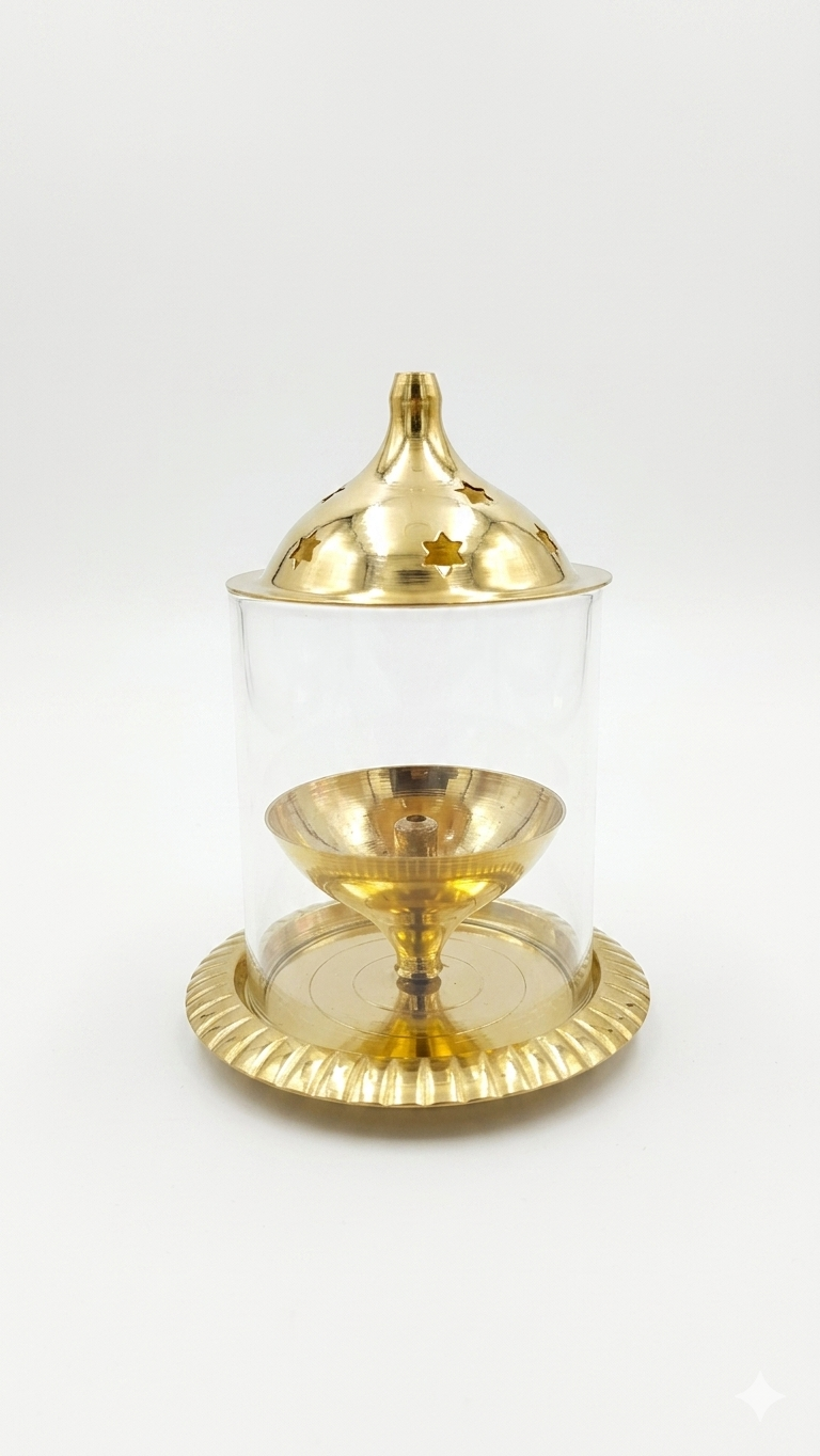 Medium Glass Cover Brass Diya – Decorative Windproof Pooja Lamp