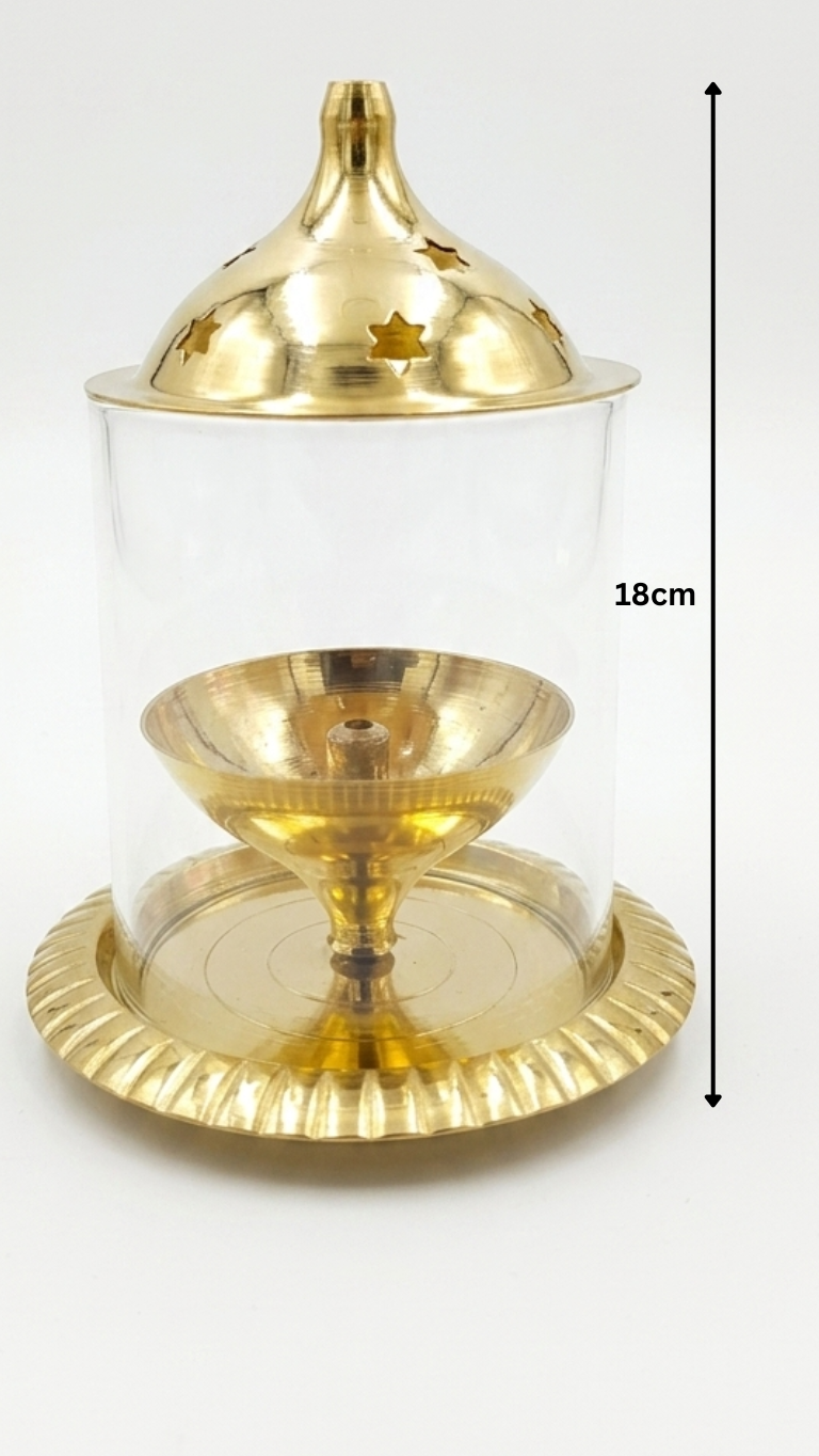 Large Glass Cover Brass Diya – Premium Windproof Temple Diya