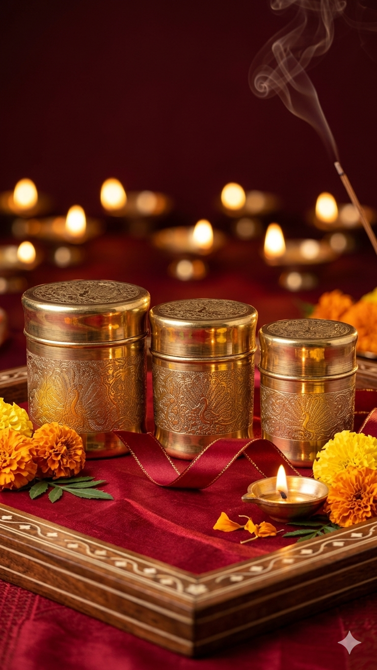 Brass Peacock Design Container Set of 3 – Traditional Storage Jars for Pooja & Kitchen