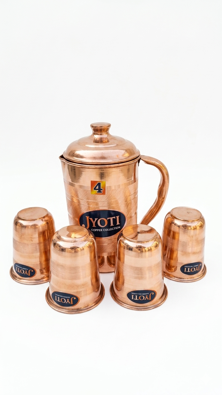 Premium Copper Water Jug Set with 4 Glasses – Pure Copper Drinkware