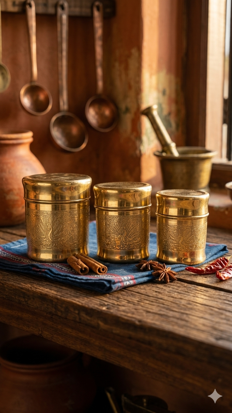 Brass Peacock Design Container Set of 3 – Traditional Storage Jars for Pooja & Kitchen