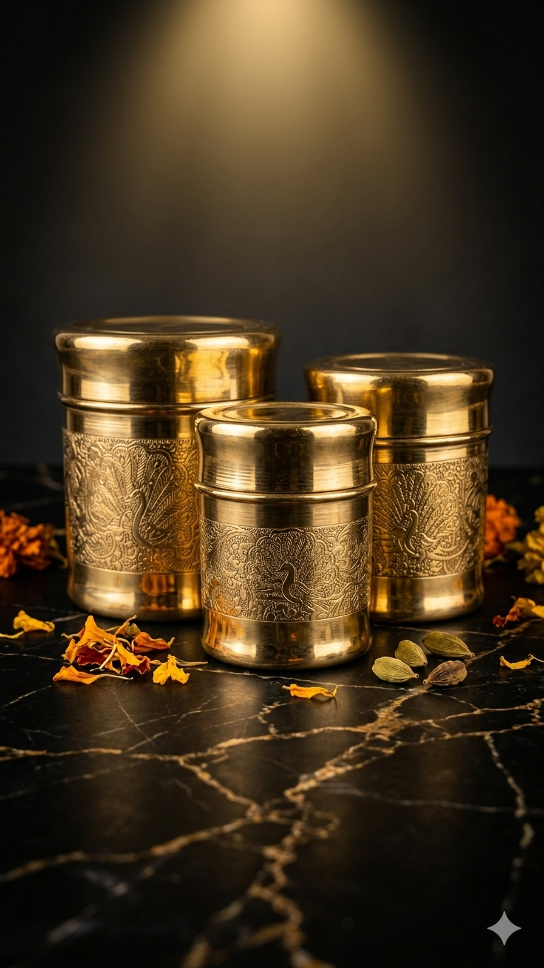 Brass Peacock Design Container Set of 3 – Traditional Storage Jars for Pooja & Kitchen