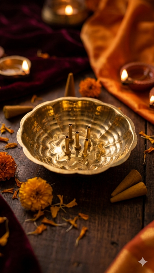 Brass Flower Agarbatti Stand (5 Hole) for Pooja & Decor