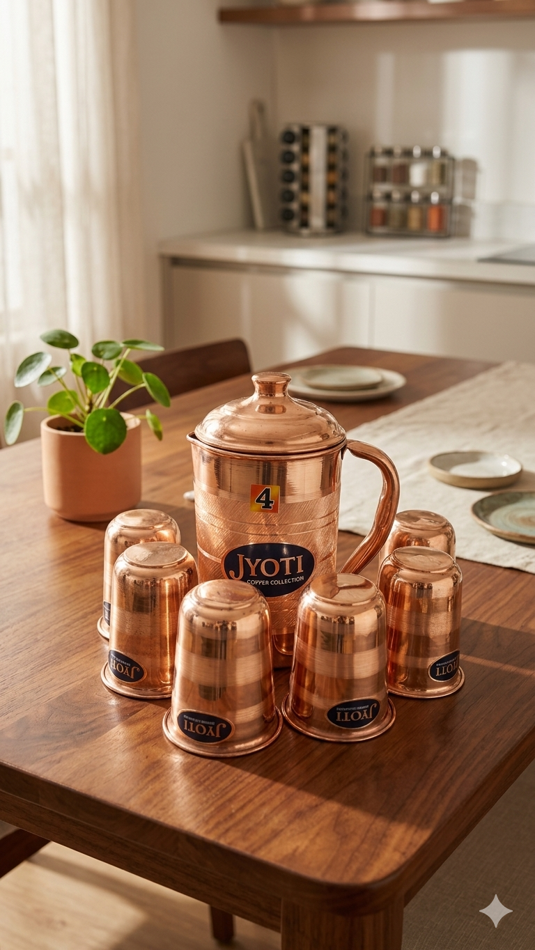 Premium Copper Water Jug Set with 6 Glasses – Pure Copper Drinkware