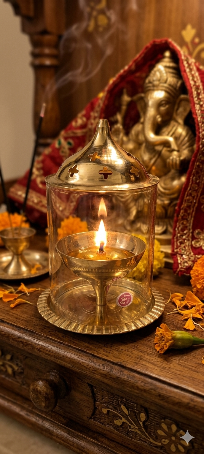 Medium Glass Cover Brass Diya – Decorative Windproof Pooja Lamp