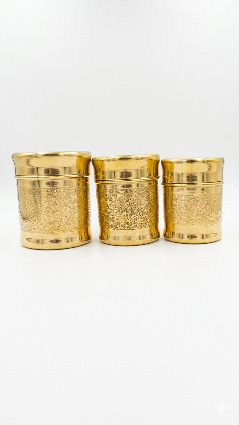 Brass Peacock Design Container Set of 3 – Traditional Storage Jars for Pooja & Kitchen