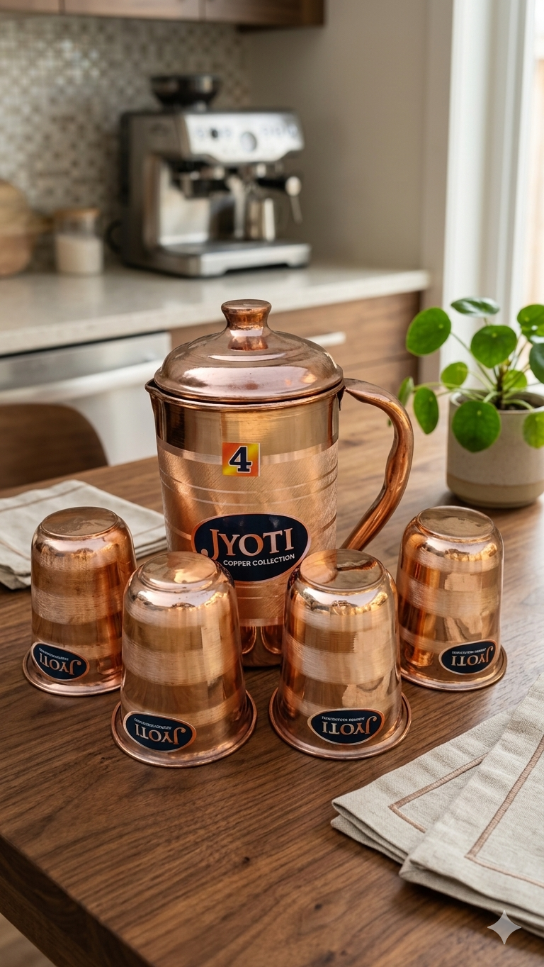 Premium Copper Water Jug Set with 4 Glasses – Pure Copper Drinkware