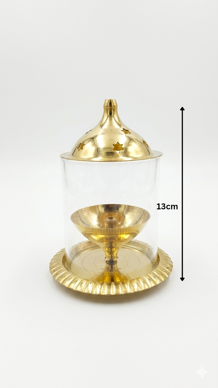 Small Glass Cover Brass Diya – Windproof Pooja Diya with Protective Dome