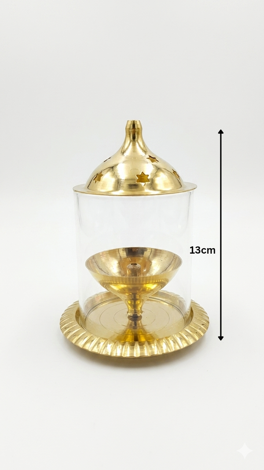 Small Glass Cover Brass Diya – Windproof Pooja Diya with Protective Dome