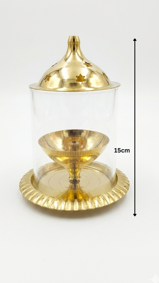 Medium Glass Cover Brass Diya – Decorative Windproof Pooja Lamp