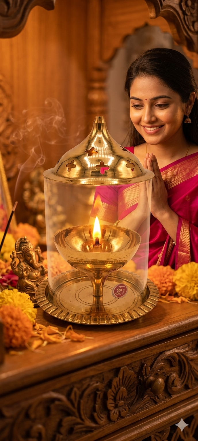 Medium Glass Cover Brass Diya – Decorative Windproof Pooja Lamp