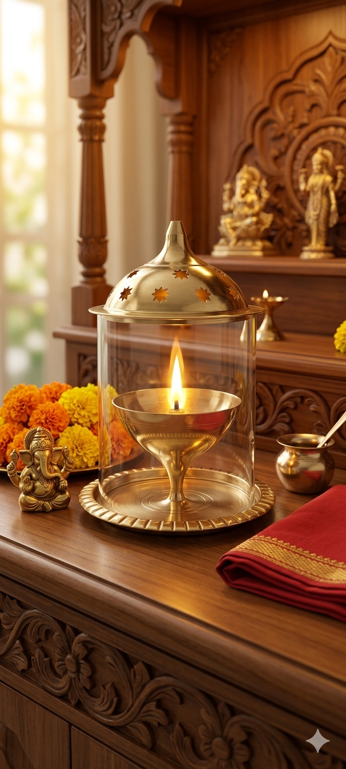 Medium Glass Cover Brass Diya – Decorative Windproof Pooja Lamp
